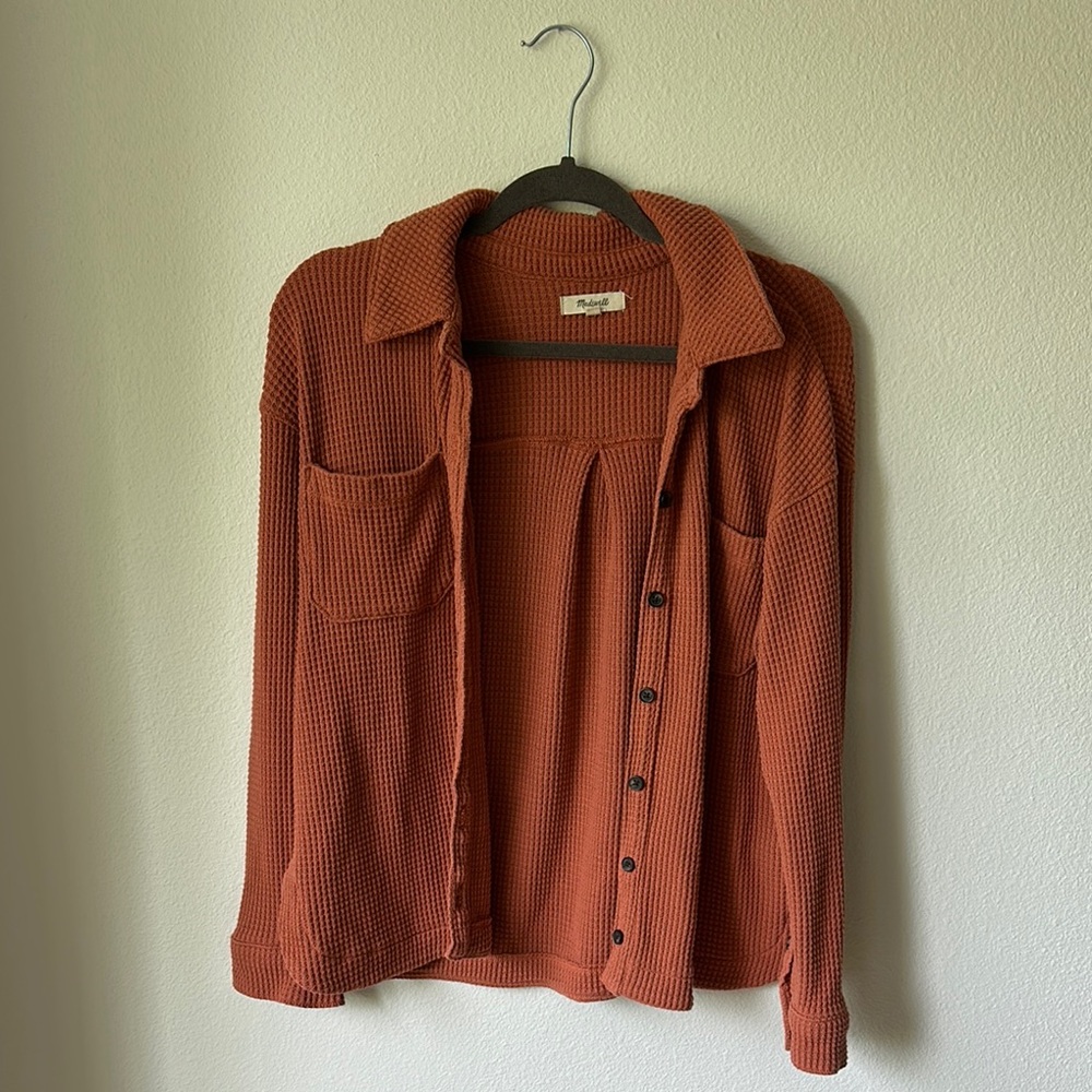 Rust Waffle Knit Button-Up Shirt